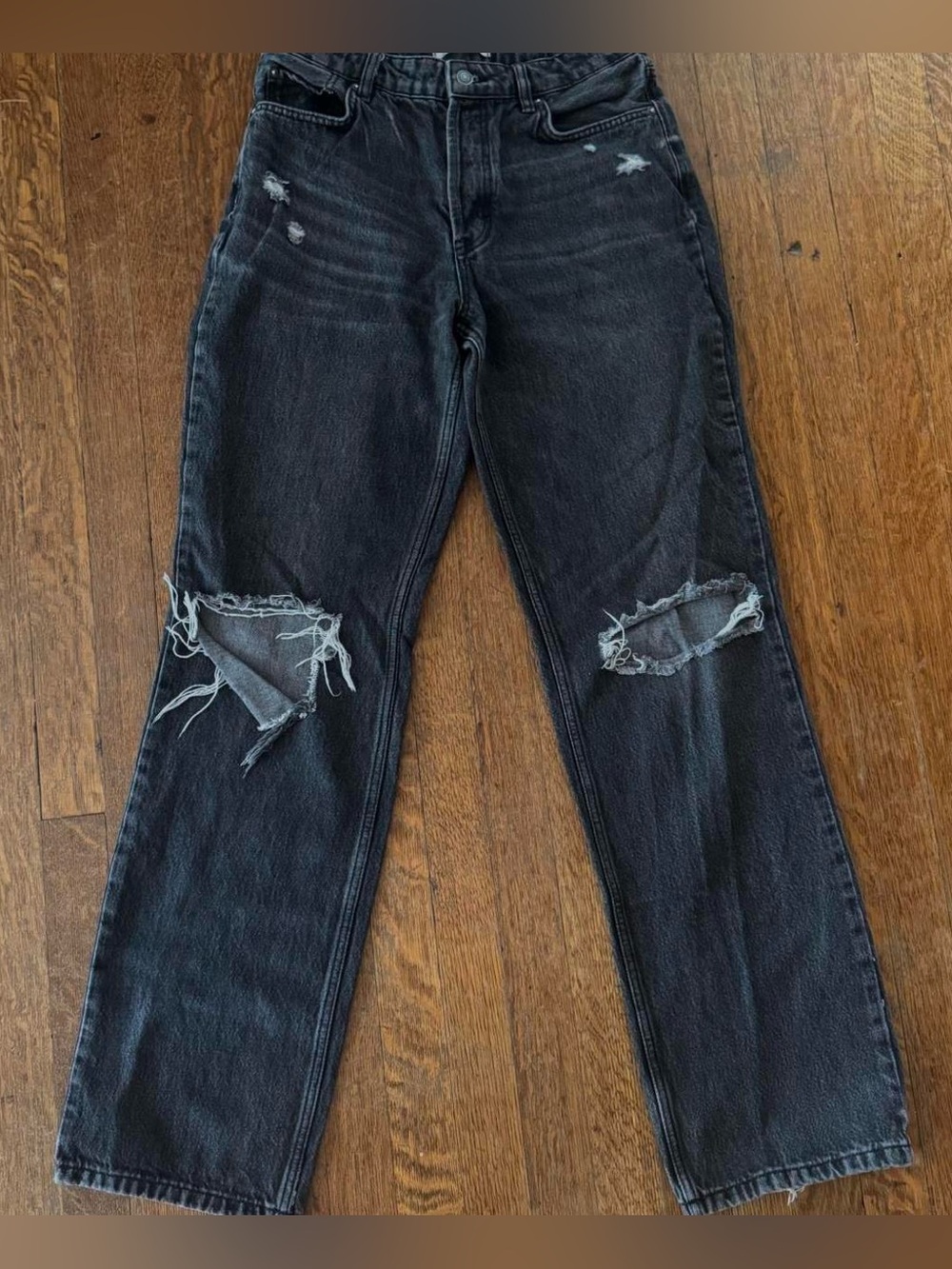 Free People Black Distressed Straight-Leg Jeans